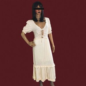 Cream Boho Tie-Front Midi Dress